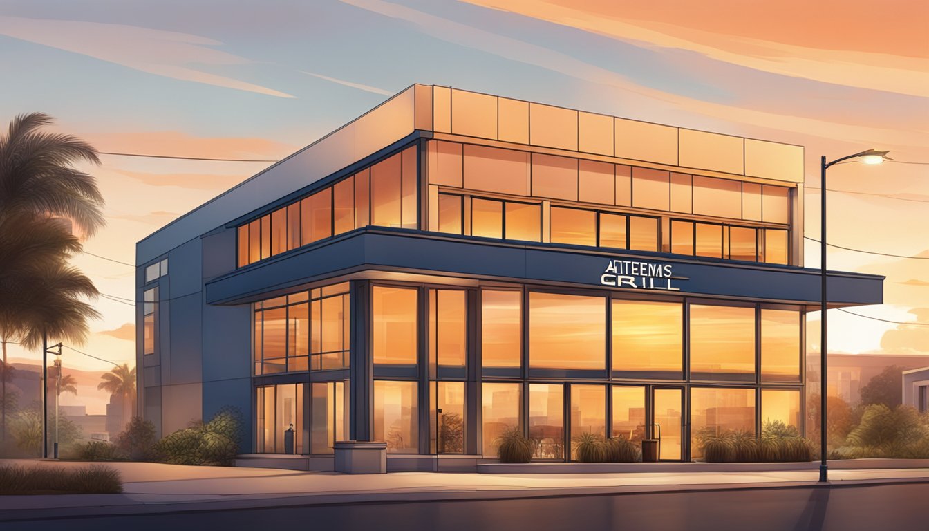 The sun sets behind a sleek, modern building with a sign reading "Artemis Grill" in bold letters. A warm glow emanates from the windows, inviting guests inside