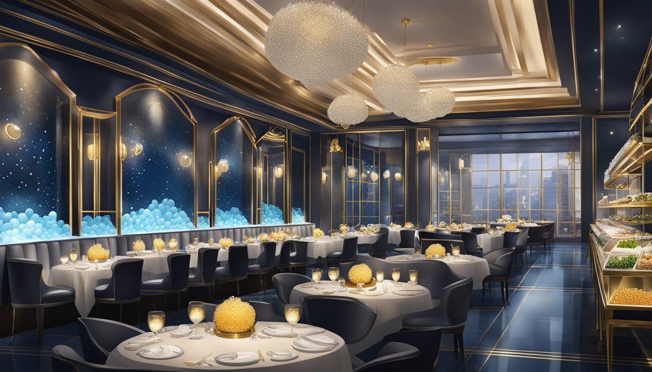 A luxurious caviar restaurant in Singapore, with elegant decor, dim lighting, and a display of various types of caviar on ice