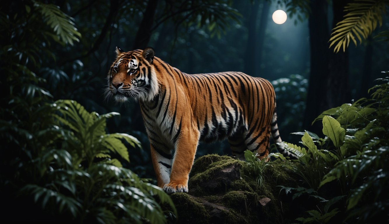 Tigers stalk through the moonlit jungle, their eyes glowing like amber orbs in the darkness.

The dense foliage casts eerie shadows as the predators move with stealth and grace