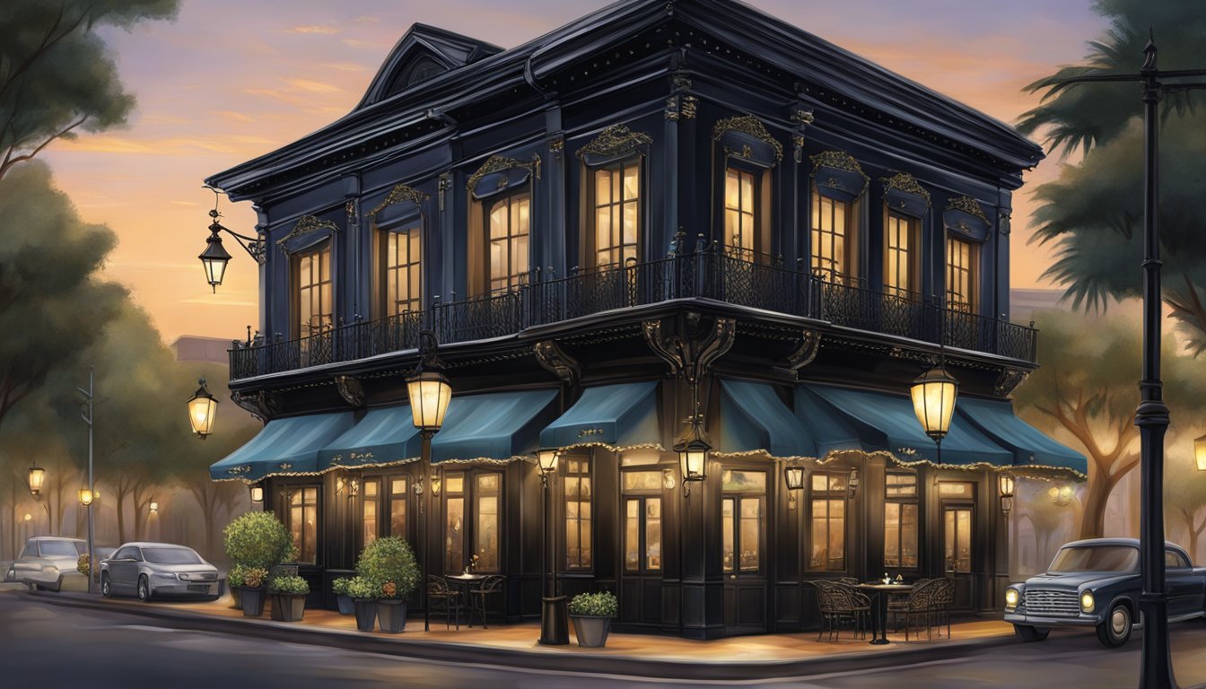 The Black Pearl restaurant is nestled on a bustling street corner, its elegant facade adorned with intricate wrought iron details and shimmering lanterns