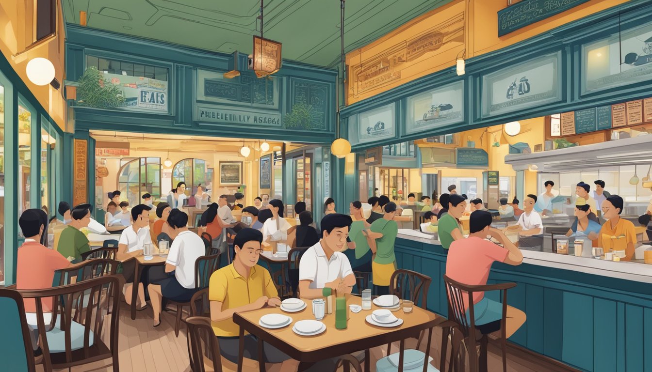A bustling restaurant in Joo Chiat with a sign reading "Frequently Asked Questions" and a lively atmosphere