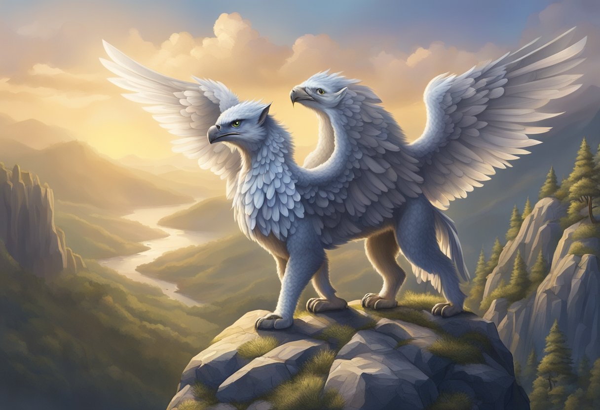 A baby griffin stands on a rocky cliff, its wings spread wide as it gazes out over a vast and majestic landscape