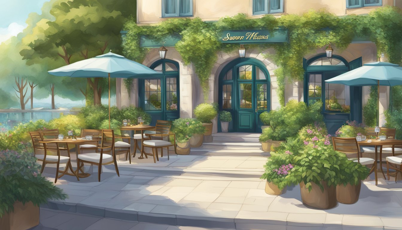 Vibrant outdoor scene with lush greenery, inviting entrance, and elegant signage of "Savour the Flavours artemis restaurant."