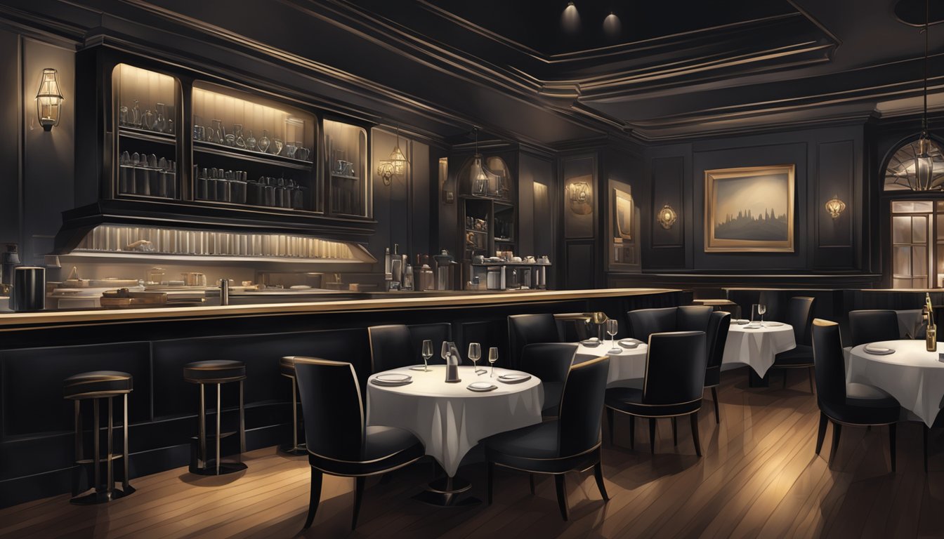 A dimly lit steakhouse with a black pearl motif, elegant decor, and a sophisticated atmosphere