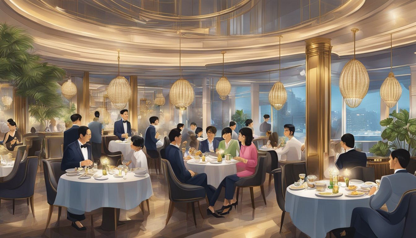 A bustling caviar restaurant in Singapore, with elegant decor and patrons enjoying gourmet dishes