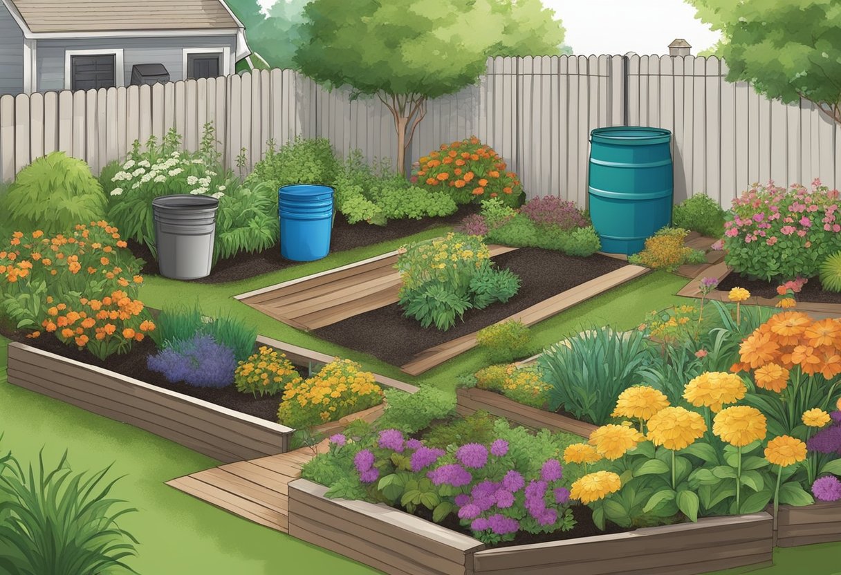 A garden with compost bins, rain barrels, and native plants. No chemical pesticides or synthetic fertilizers. Mulch and natural pest control methods used