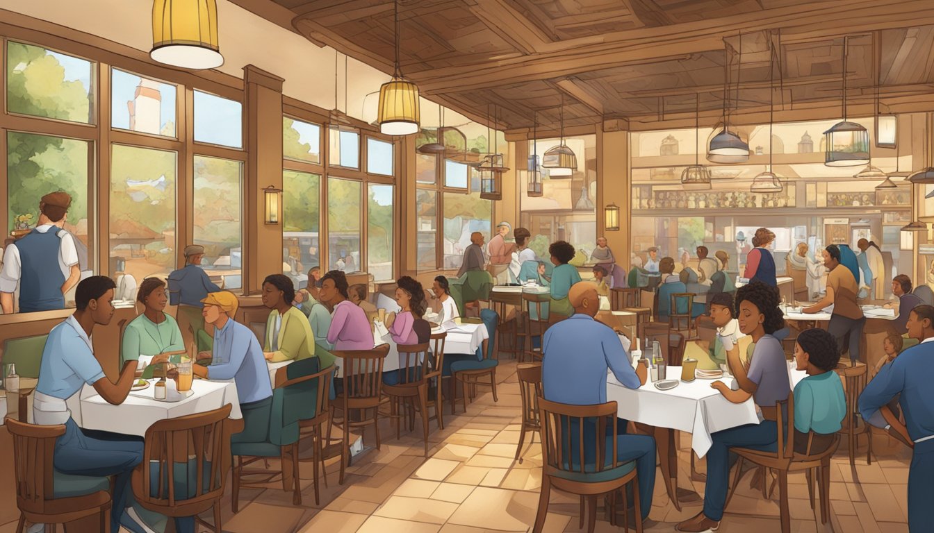 A bustling restaurant with tables filled with diners, a sign reading "Frequently Asked Questions" hangs above the entrance. Waitstaff move between tables, and the aroma of delicious food fills the air