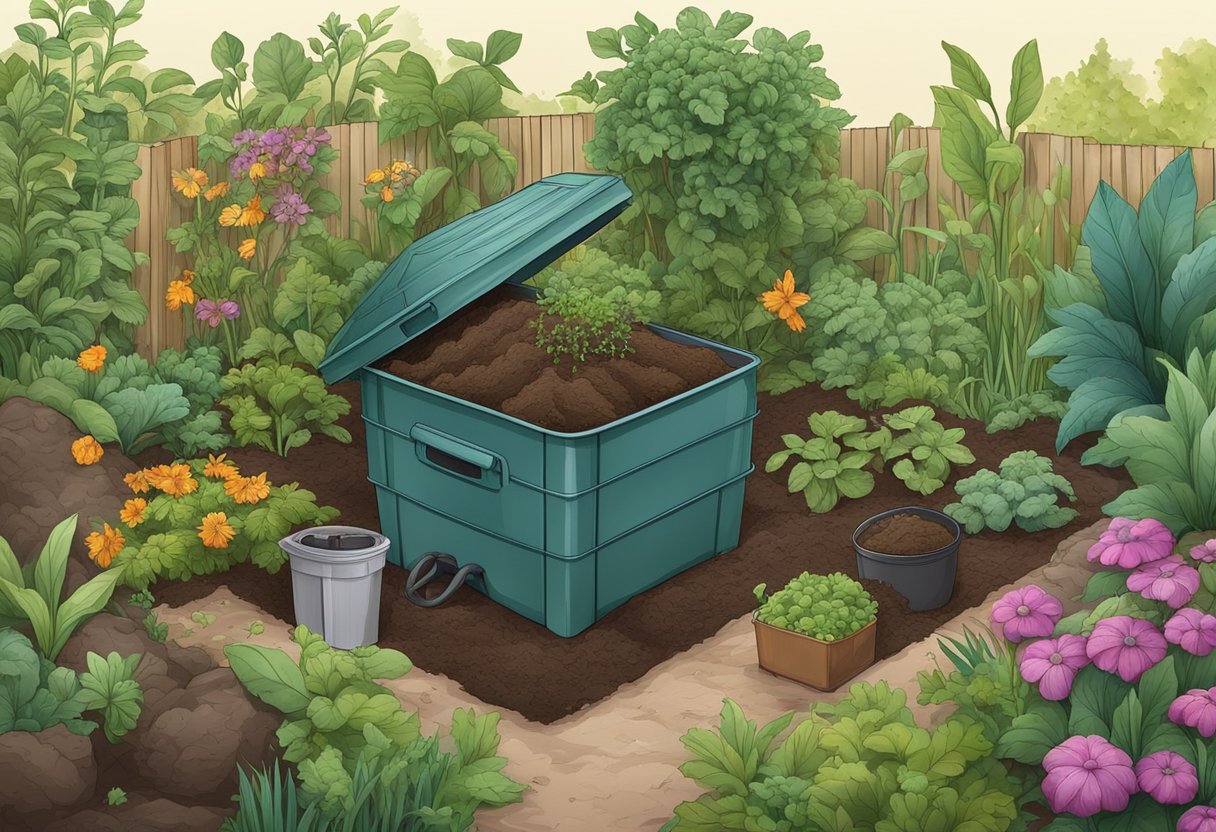 A lush garden with a compost bin, a variety of plants, and healthy soil teeming with earthworms and beneficial microorganisms