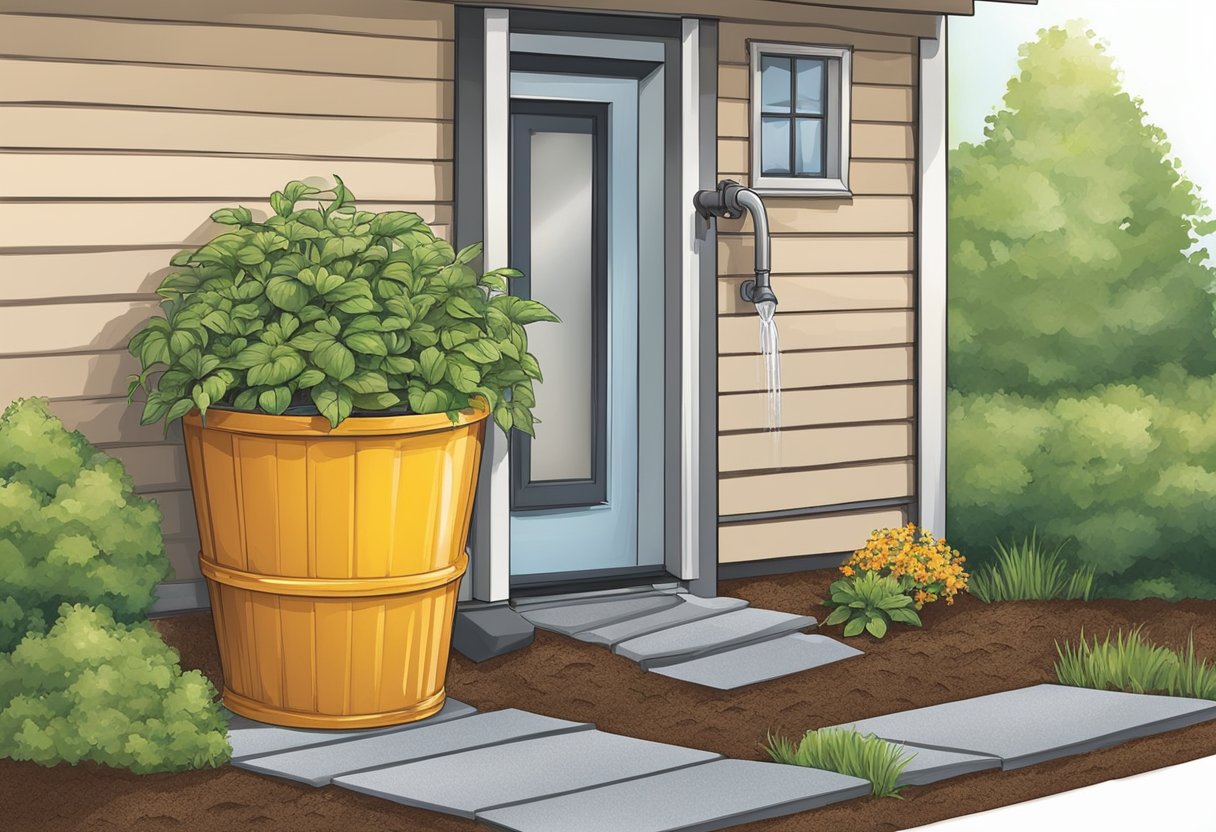 A rain barrel collects water from the downspout. Drip irrigation delivers water directly to plant roots. Mulch retains soil moisture