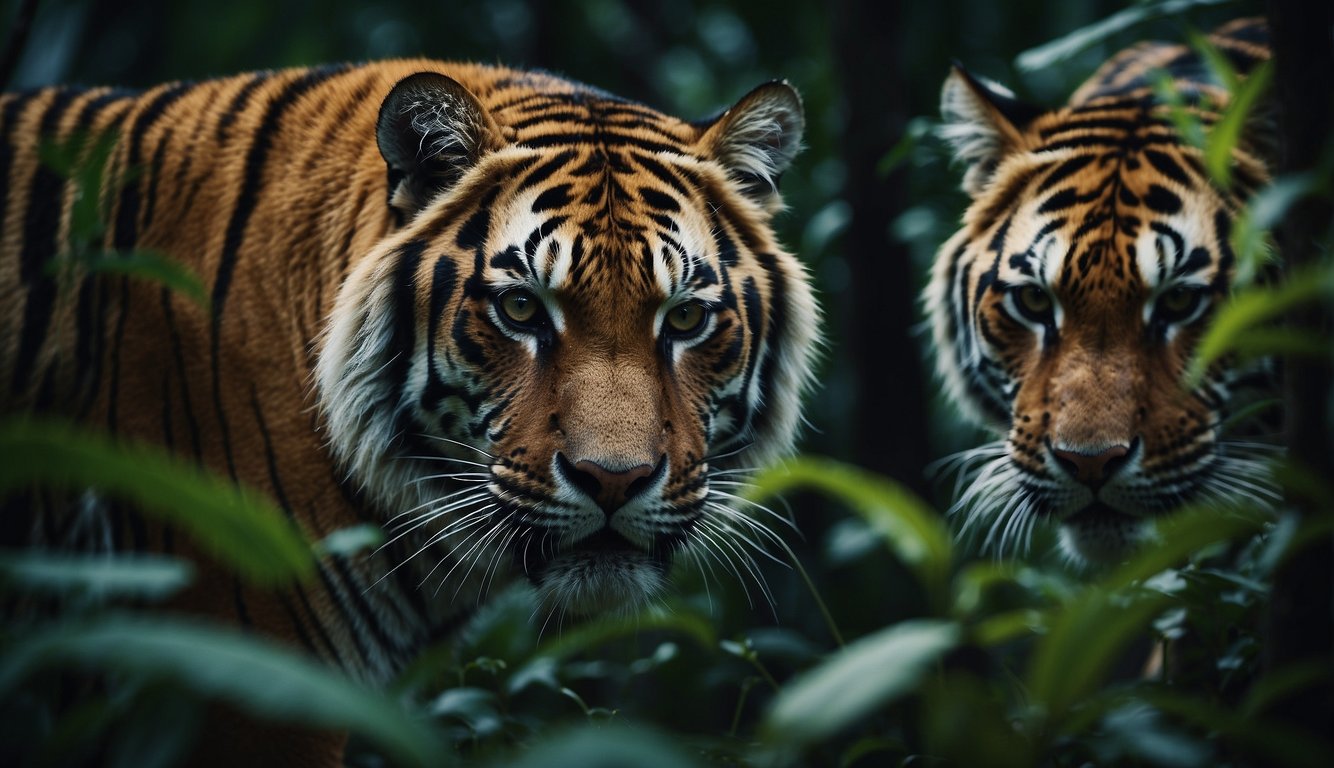 In the moonlit jungle, two fierce tigers stalk their prey, their eyes glowing with an intense, predatory gleam.

The dense foliage and shadows create an atmosphere of mystery and danger