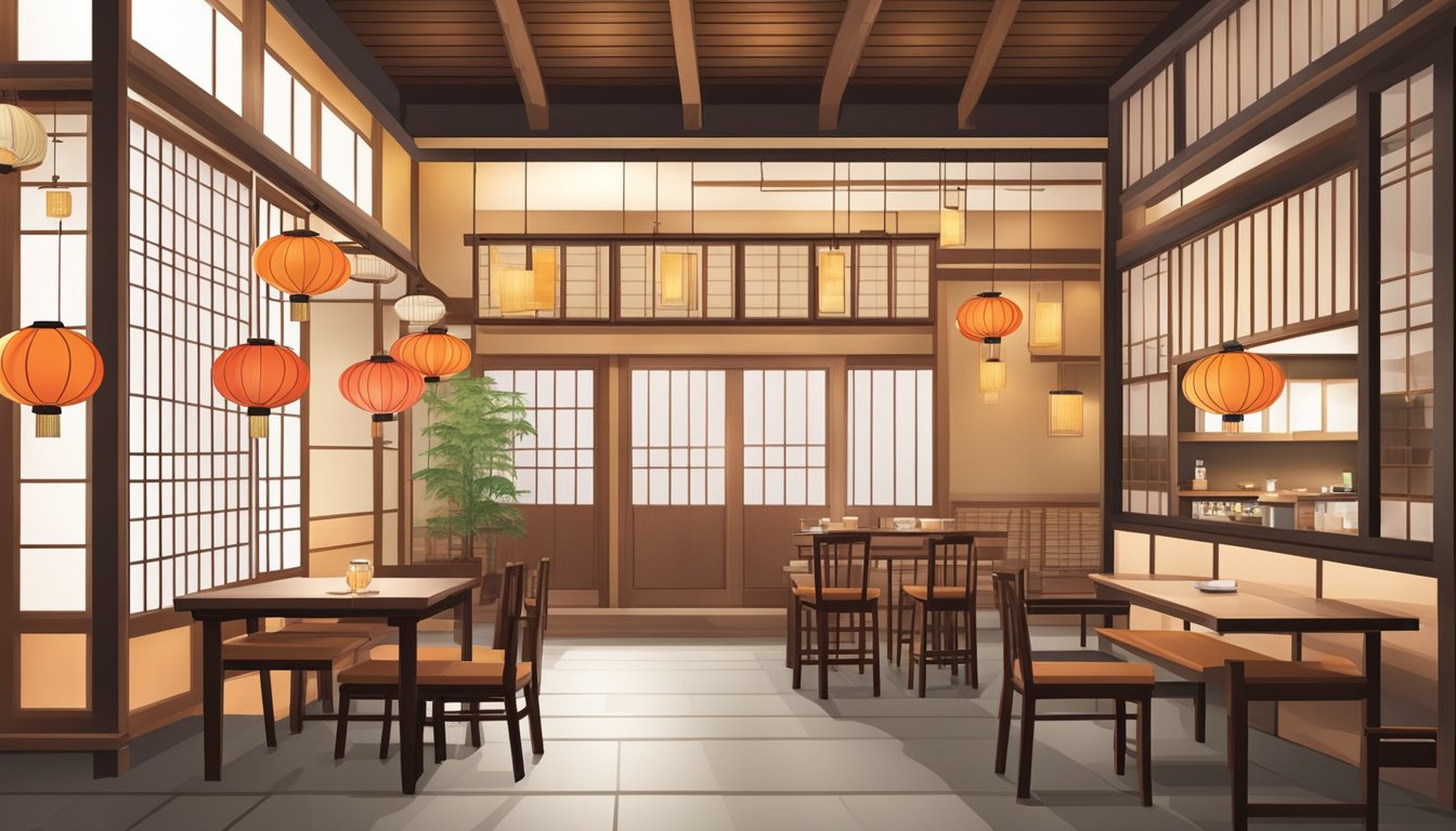 A traditional Japanese restaurant with paper lanterns, sliding doors, and a sushi bar