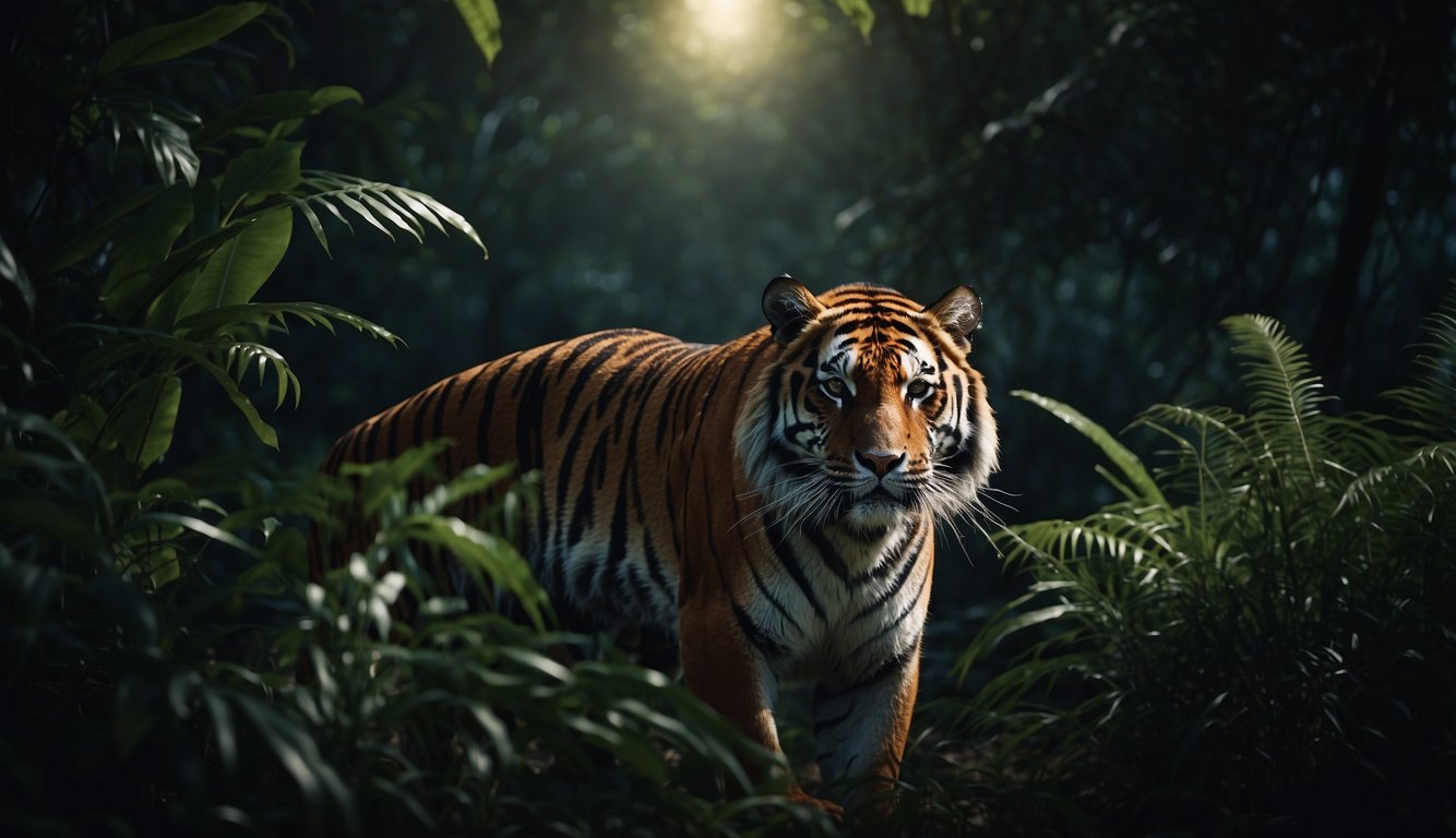 Tigers stalk through moonlit jungle, their sleek forms blending with shadows.

Eyes gleam with predatory focus, reflecting the night's hidden wonders