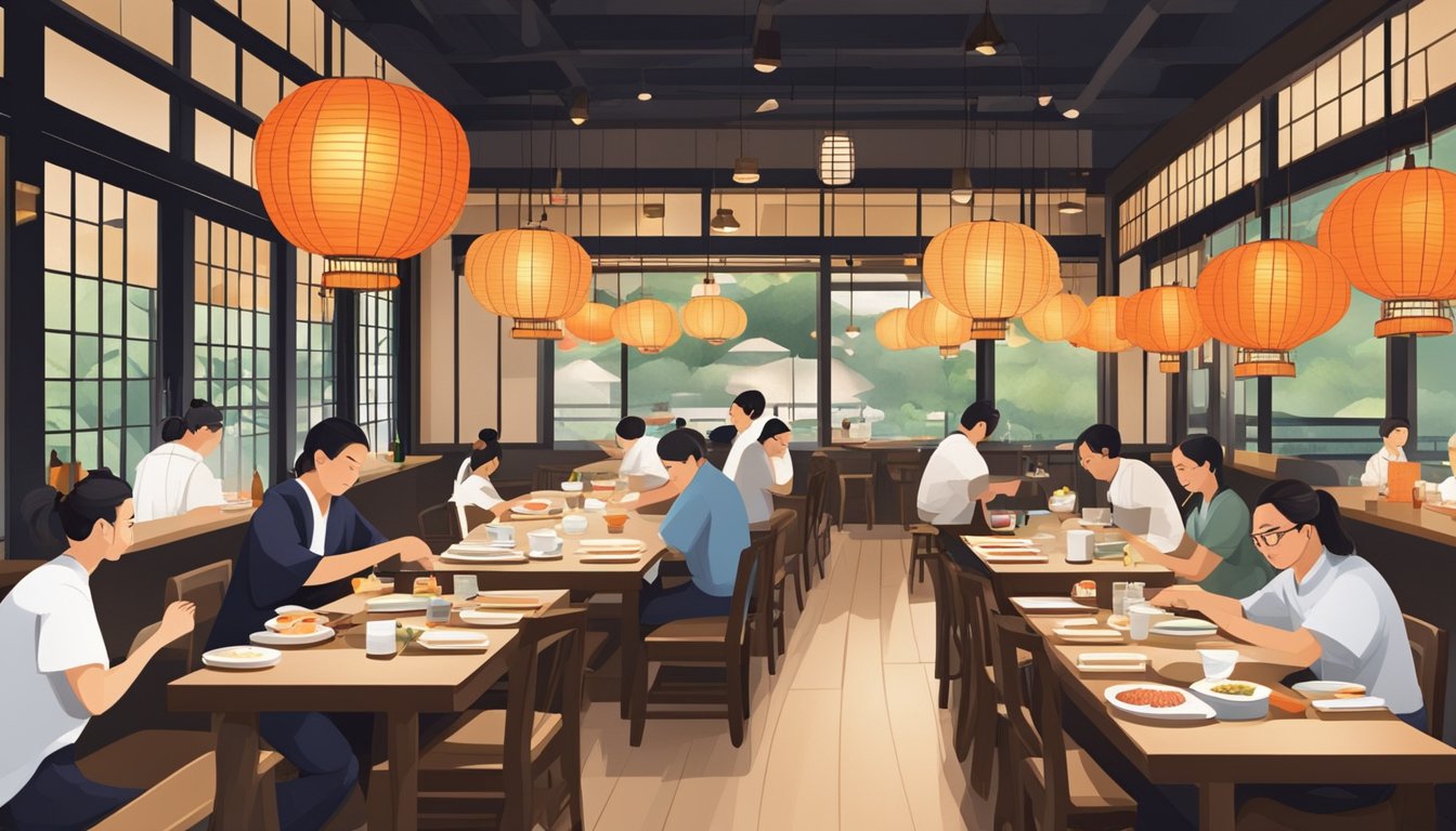 Customers dining at traditional low tables, surrounded by paper lanterns and sliding doors, while chefs prepare sushi at the open kitchen