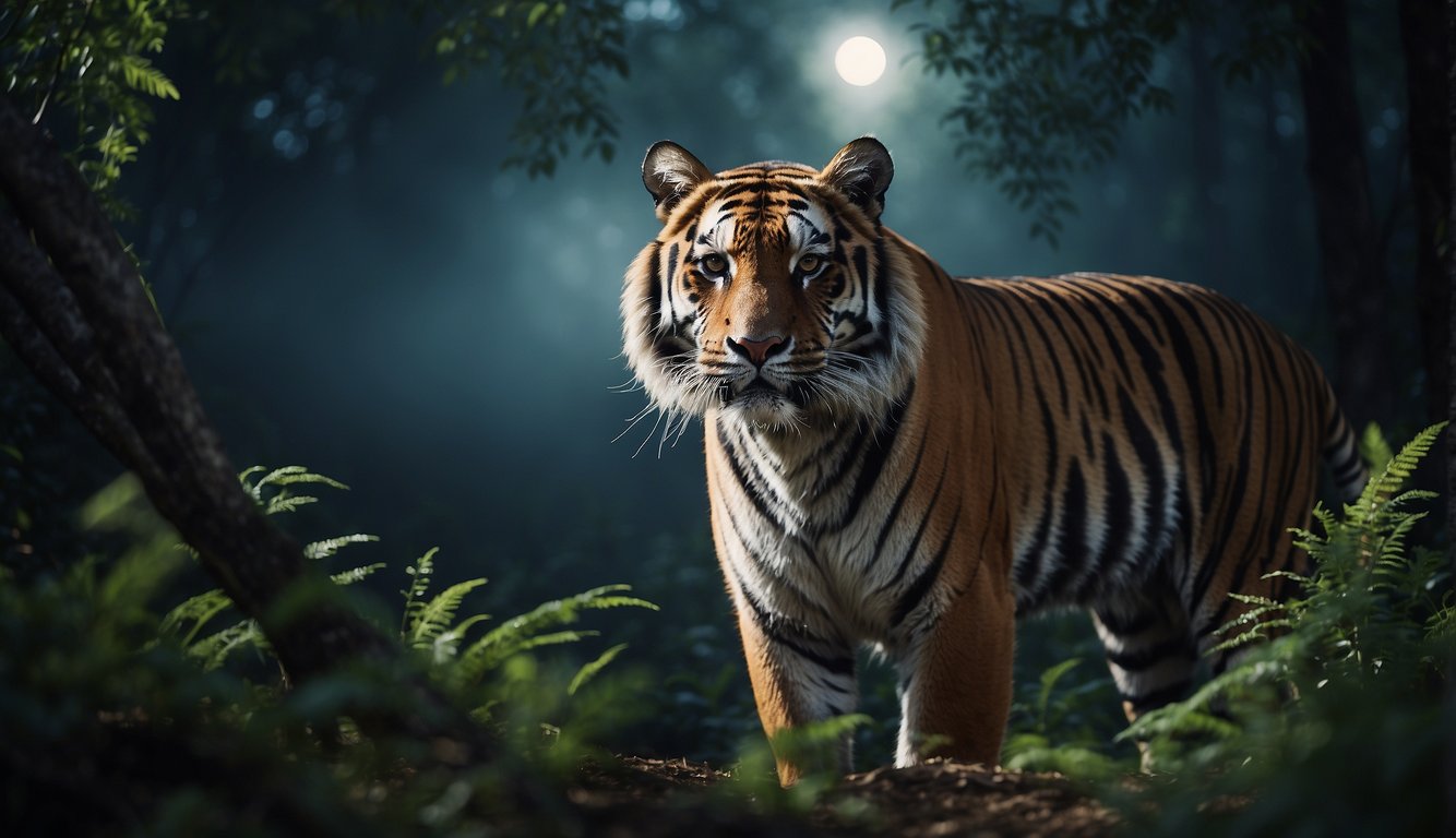 Tigers roam through moonlit forest, eyes gleaming with nocturnal vision.

Wildlife and vegetation harmoniously coexist in their natural habitat