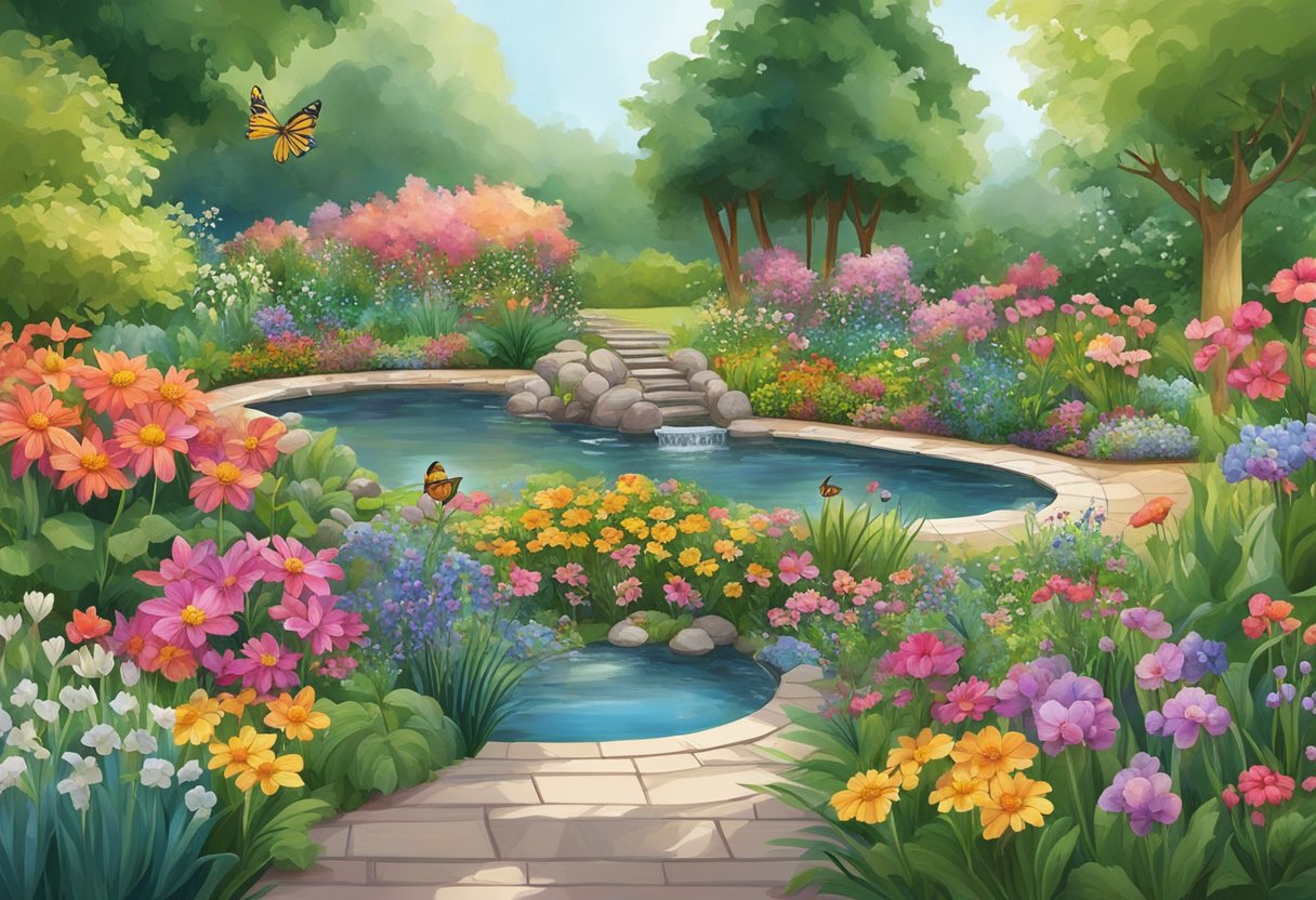 A garden with a variety of colorful flowers and plants, with small water features and insect-friendly habitats scattered throughout