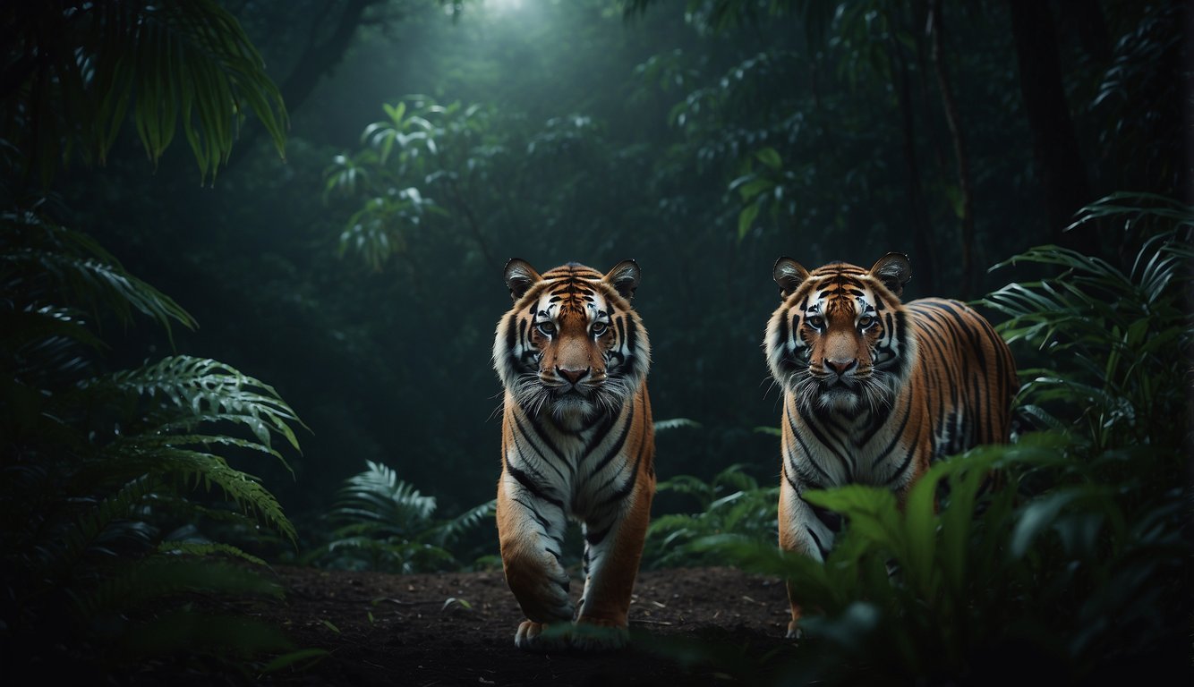 Tigers roam through the moonlit jungle, their eyes glowing with an eerie green light as they hunt under the cover of darkness