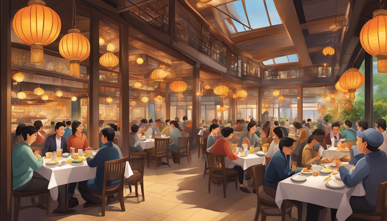 The bustling fortune restaurant, with colorful lanterns and savory aromas, filled with happy diners enjoying their meals