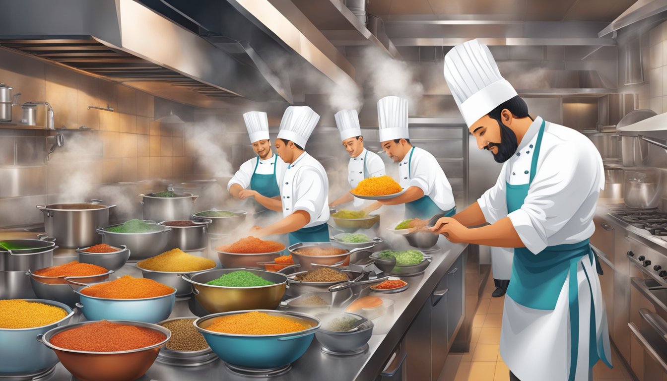 A bustling kitchen with chefs preparing colorful dishes, steam rising from pots, and the aroma of spices filling the air