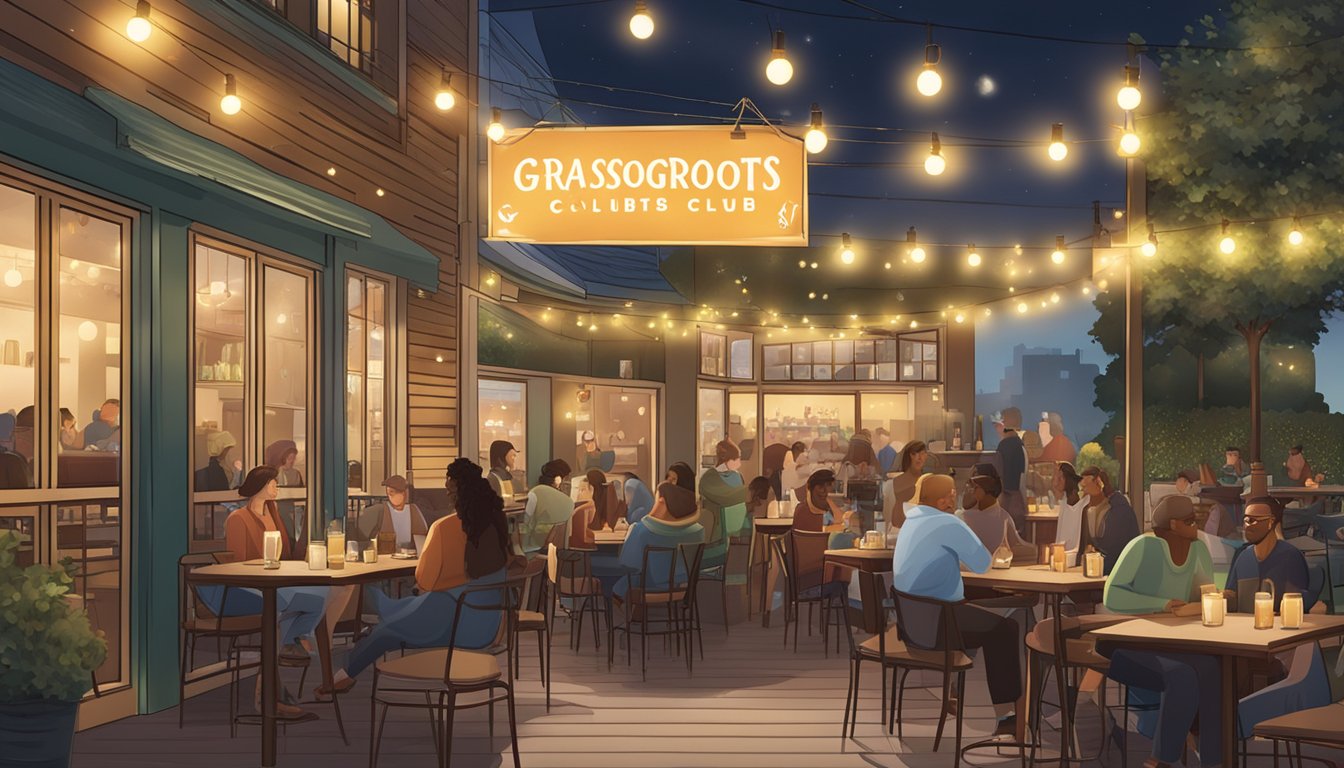 A bustling restaurant with a sign reading "Grassroots Club" surrounded by outdoor seating, twinkling string lights, and a lively atmosphere