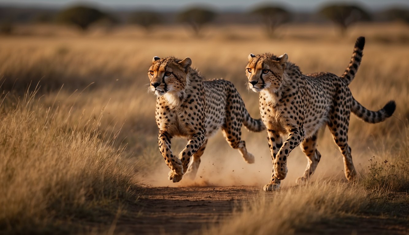 Cheetahs sprint across the savannah, their sleek bodies stretched out in full stride, as they race towards their prey with unmatched speed