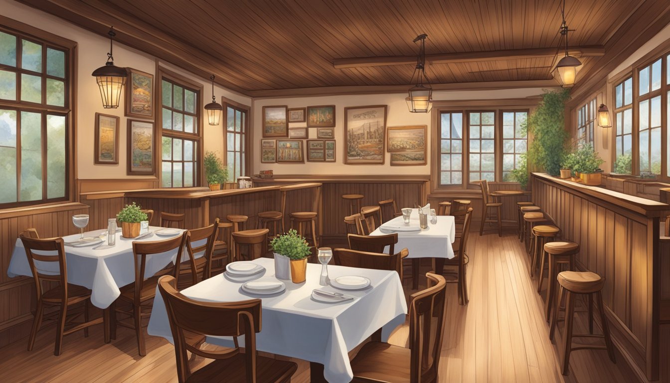 The cozy interior of Barbara's Heritage Restaurant, with rustic wooden tables and chairs, vintage decor, and the aroma of traditional family recipes wafting through the air