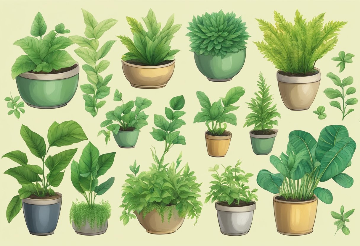 Lush green plants in pots with wilted leaves and yellowing edges, surrounded by nutrient deficiency charts and various plant supplements