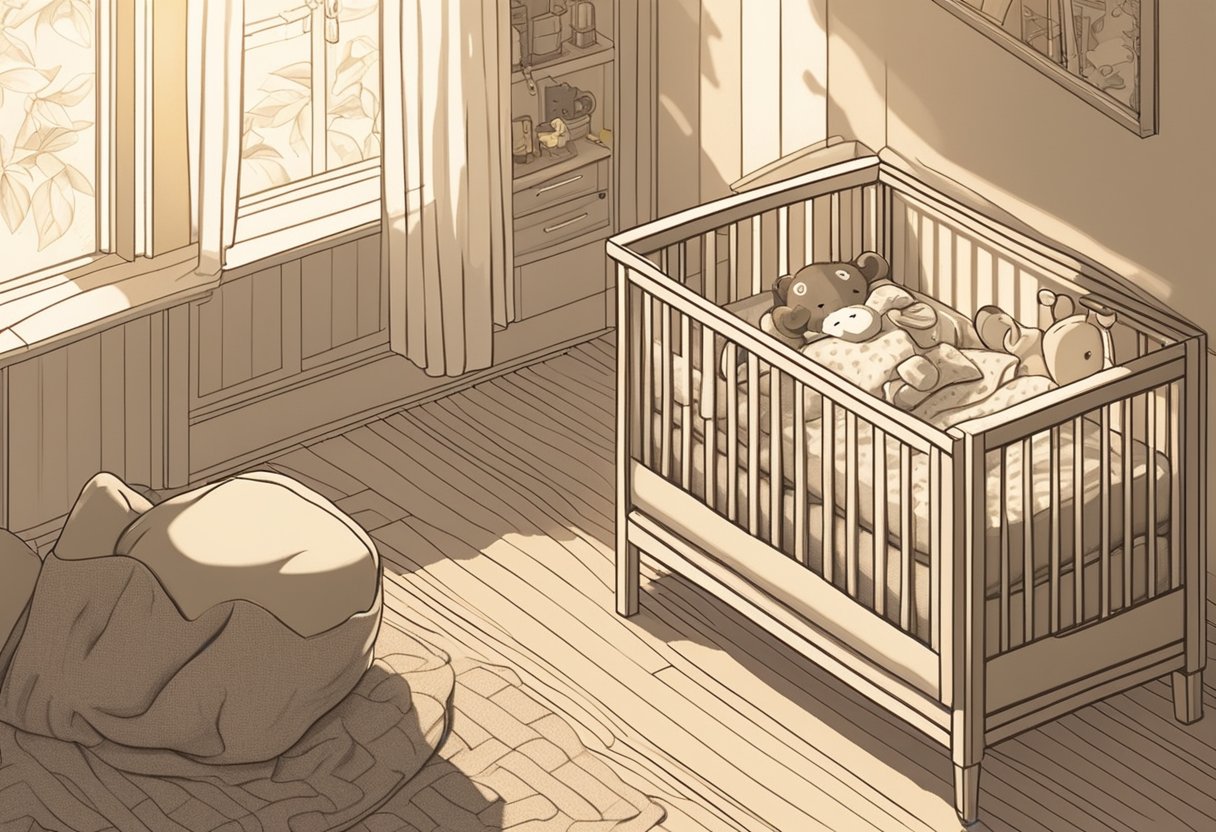 A baby named Grayson lying in a crib surrounded by toys and a cozy blanket. Sunshine streaming through the window, casting a warm glow over the room