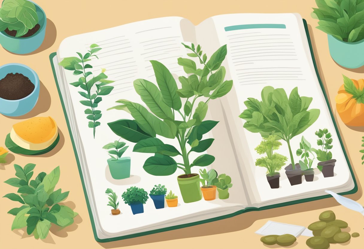 Healthy plants surrounded by various nutrient sources and a guidebook on plant care. One plant shows signs of deficiency