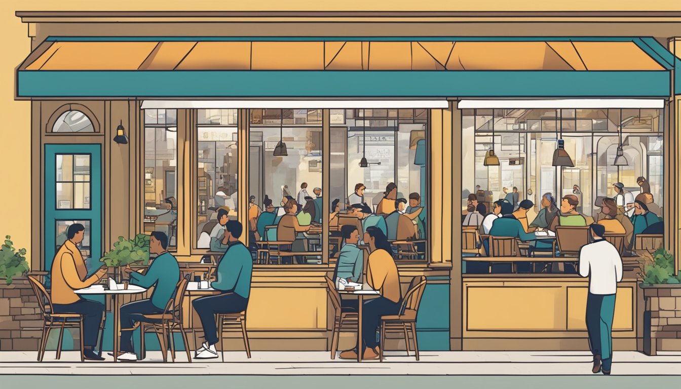 A bustling restaurant with a sign reading "Frequently Asked Questions" in front. Customers dine and chat, while staff bustle about