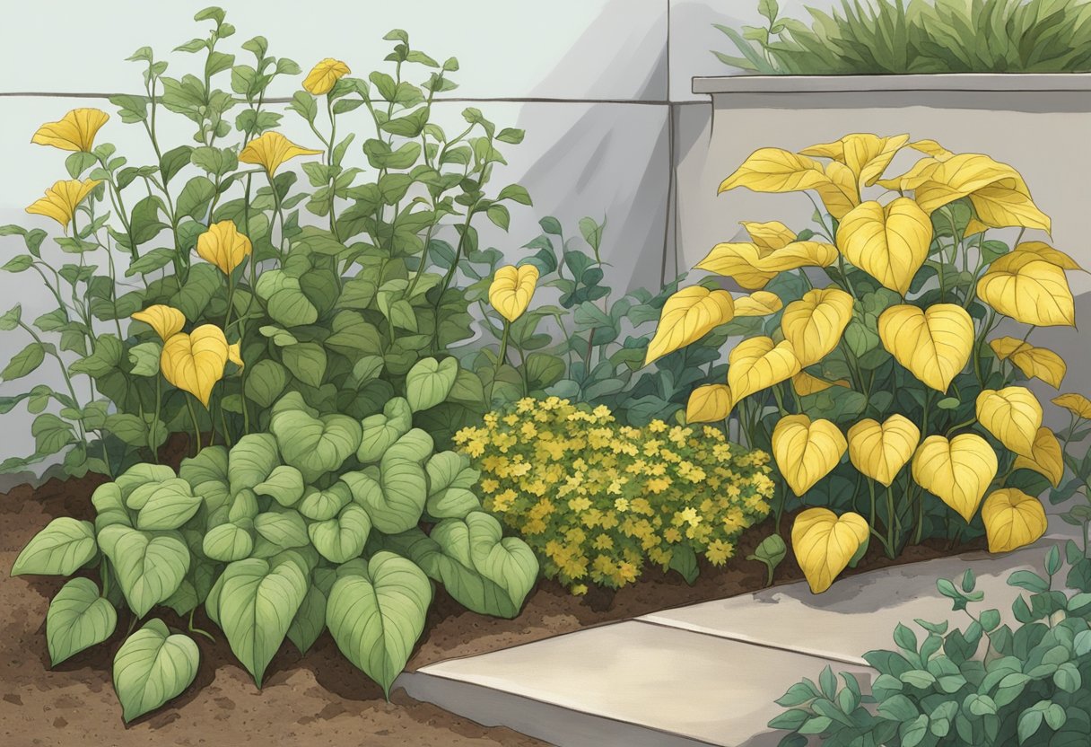 A wilted plant with yellowing leaves and stunted growth sits next to healthy plants in a garden bed