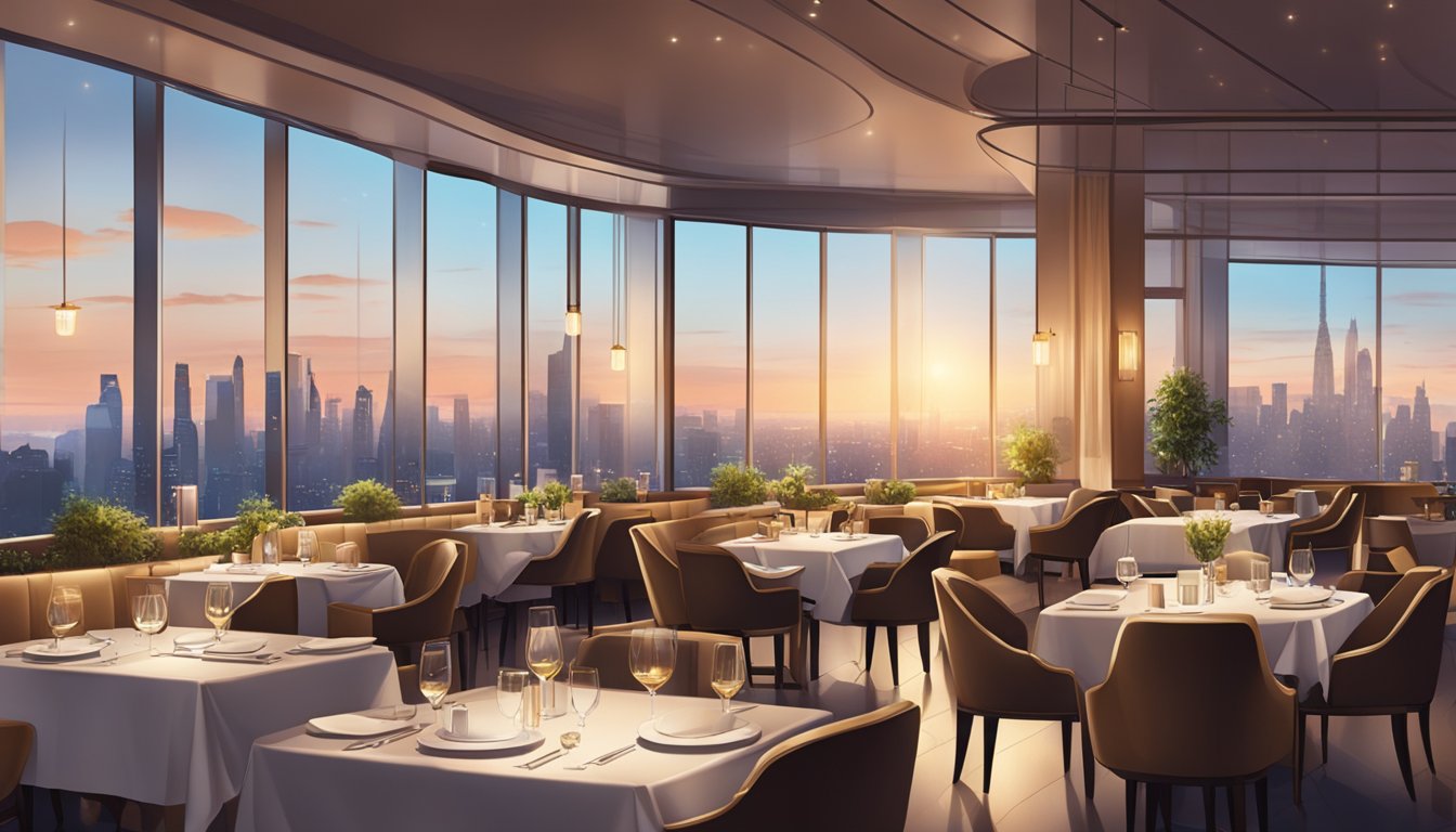 A bustling restaurant with panoramic city views, elegant tables, and soft lighting