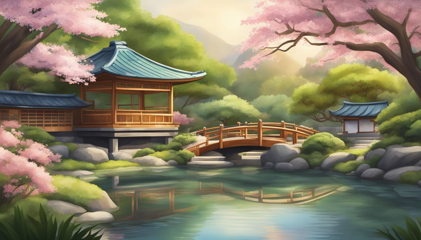 A serene Japanese garden with cherry blossoms, a koi pond, and a traditional wooden teahouse nestled among lush greenery