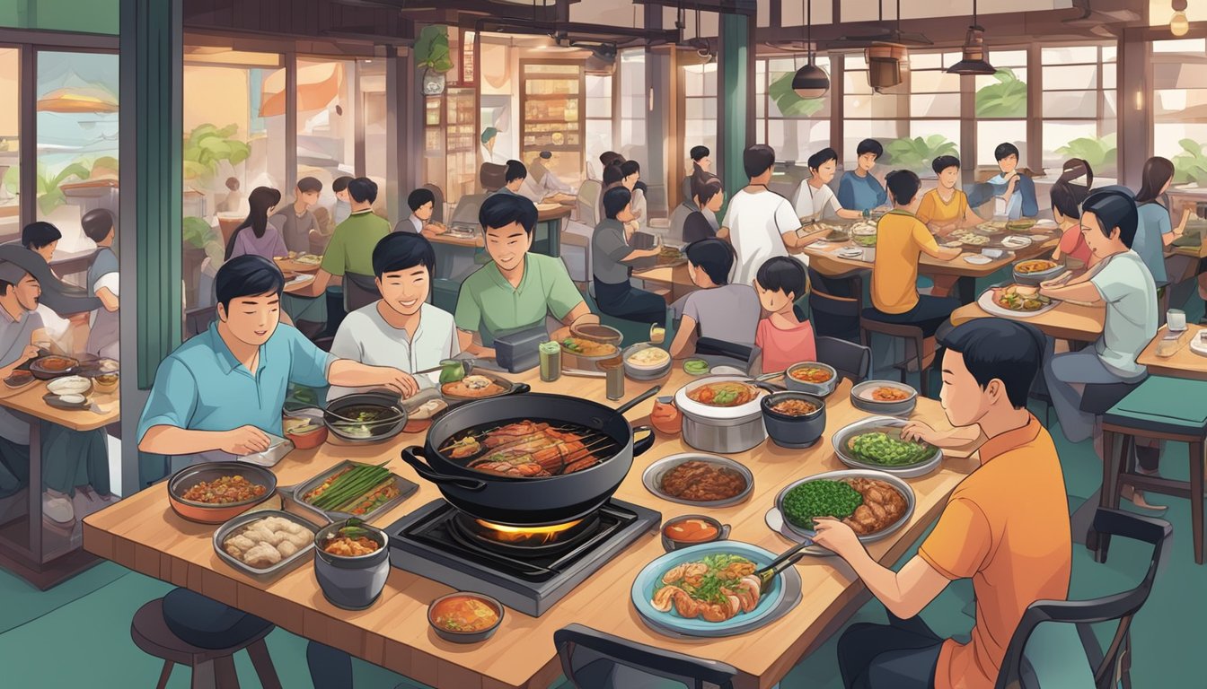 A bustling halal Korean restaurant in Singapore, with steaming hotpots and sizzling BBQ grills, surrounded by eager diners enjoying the must-try dishes