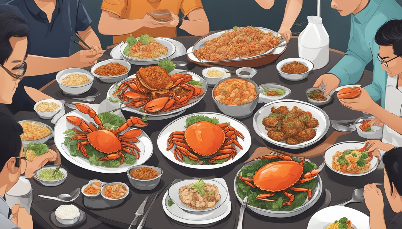 A table set with an array of crab dishes, from chili crab to black pepper crab, surrounded by eager diners in a bustling Singapore restaurant