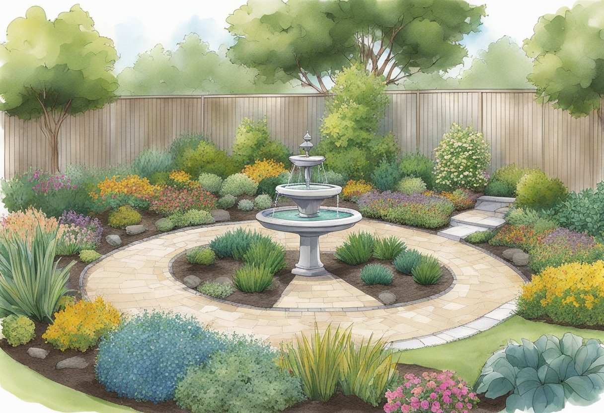 A small garden with raised beds, gravel paths, and drought-resistant plants. A small fountain adds a focal point, while mulch and automatic irrigation keep maintenance to a minimum