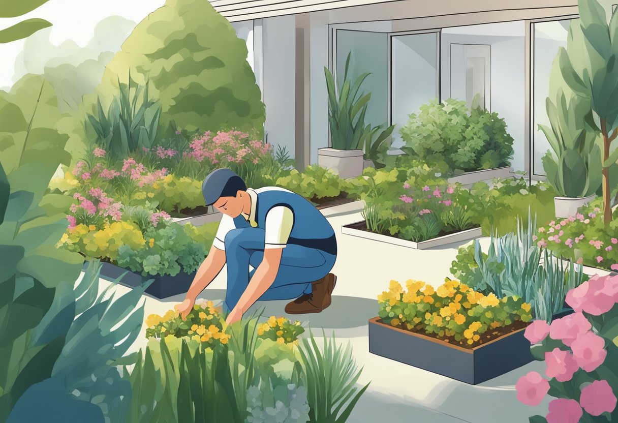 A person arranging low-maintenance plants in a garden design, considering sunlight and water needs