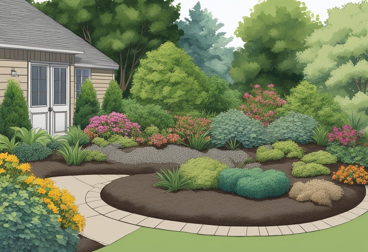 A garden bed with layers of soil and mulch, surrounded by low-maintenance plants and shrubs