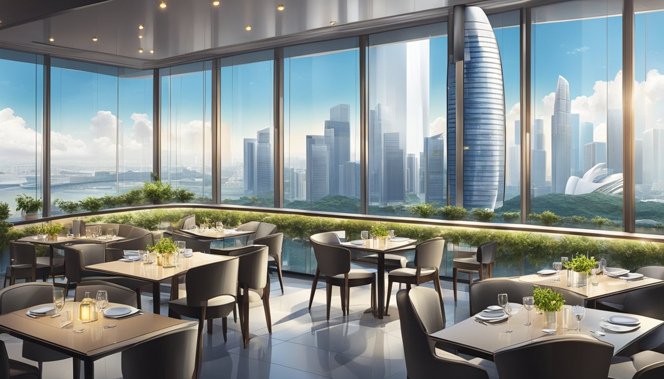 A sleek, modern skyscraper with a glass-enclosed restaurant perched on the top floor, offering stunning panoramic views of the Singapore skyline