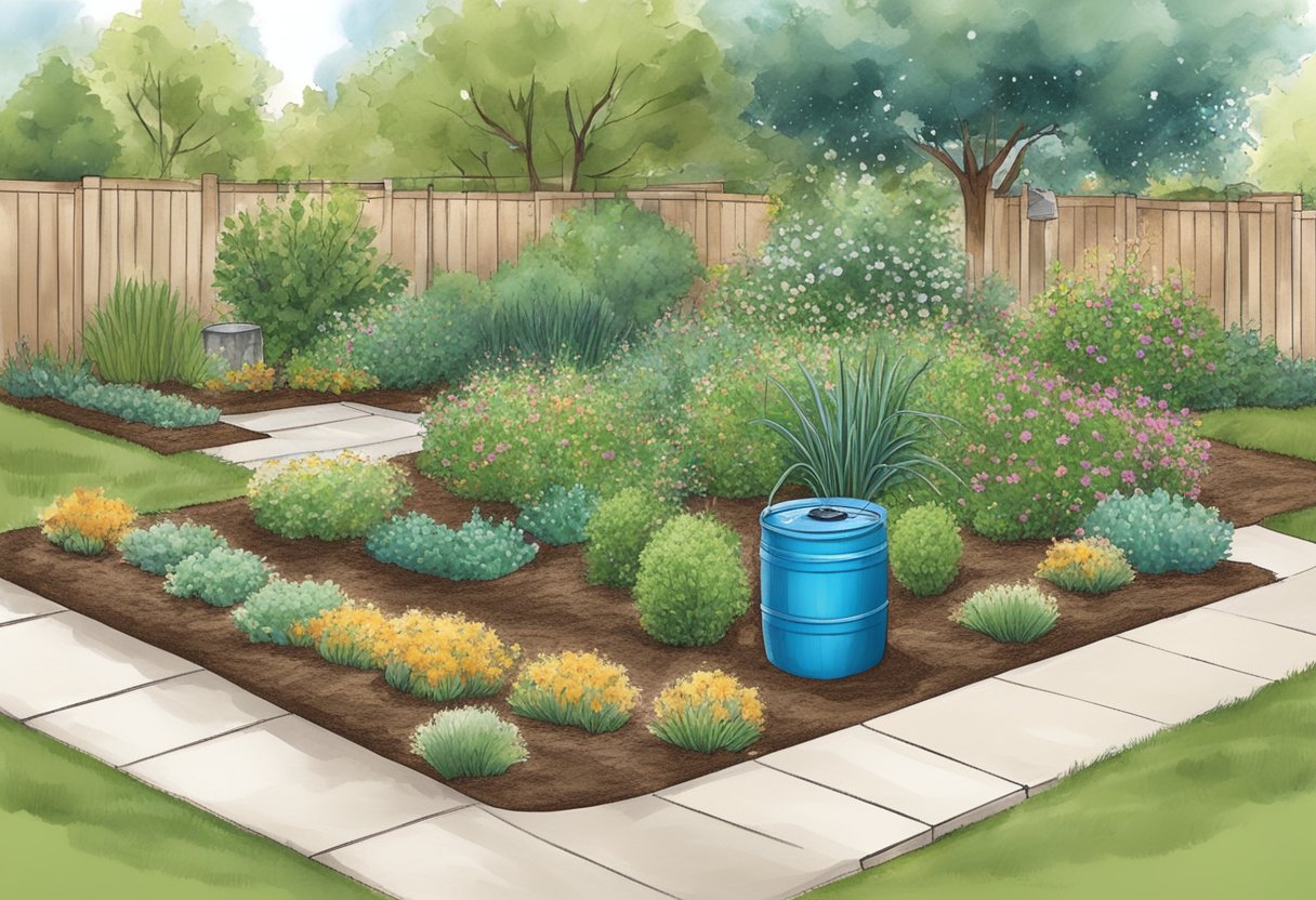 A garden with efficient irrigation system and drought-resistant plants, surrounded by mulch and rain barrels for water conservation