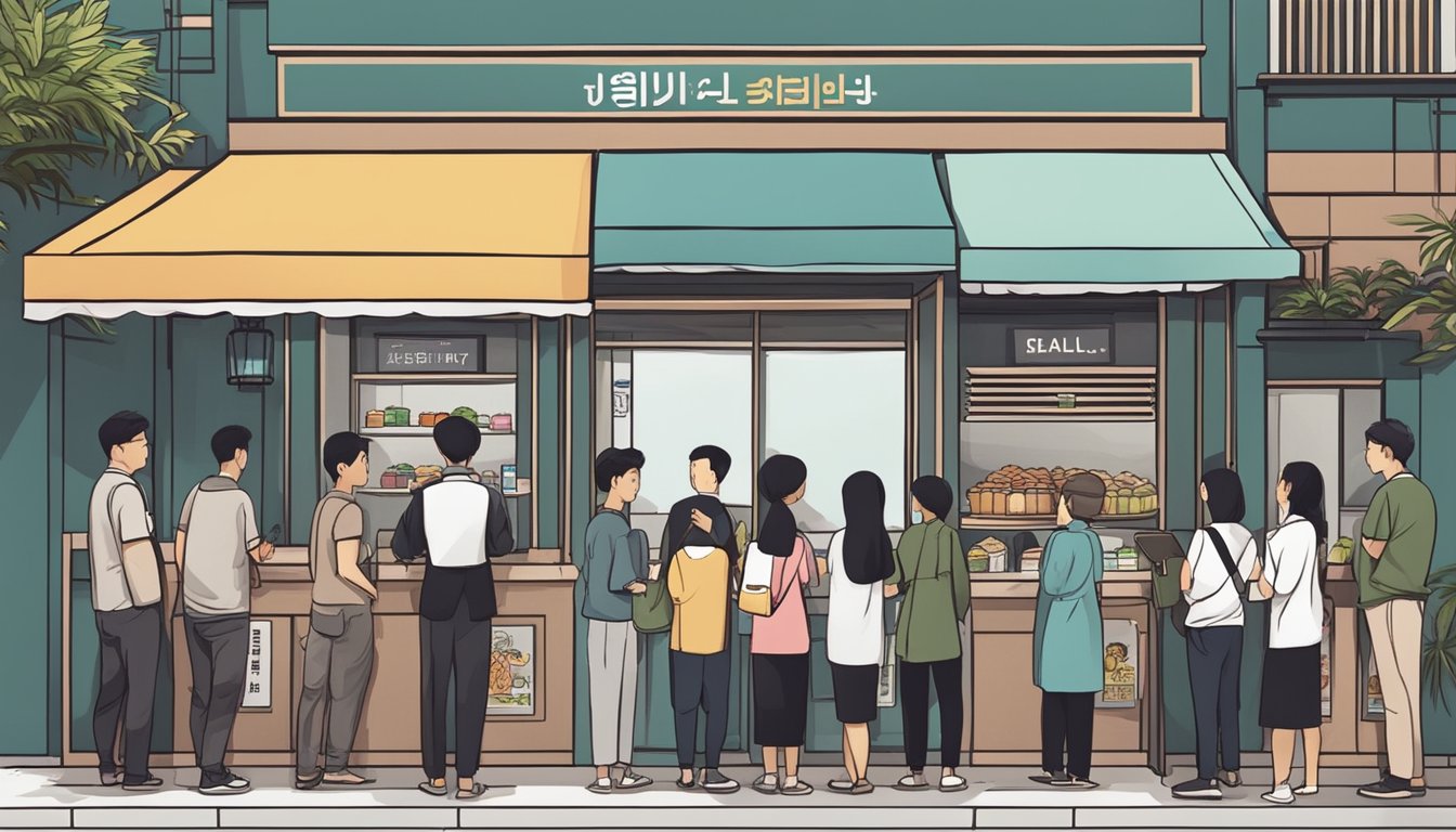 Customers line up outside a modern halal Korean restaurant in Singapore, with a sign displaying "Frequently Asked Questions" prominently