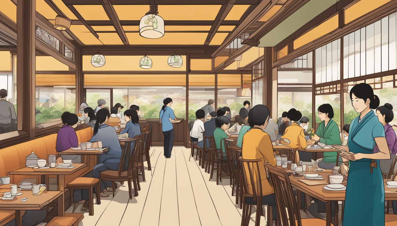 A bustling Japanese restaurant in Orchard, with a vibrant atmosphere and a line of eager customers waiting to be seated