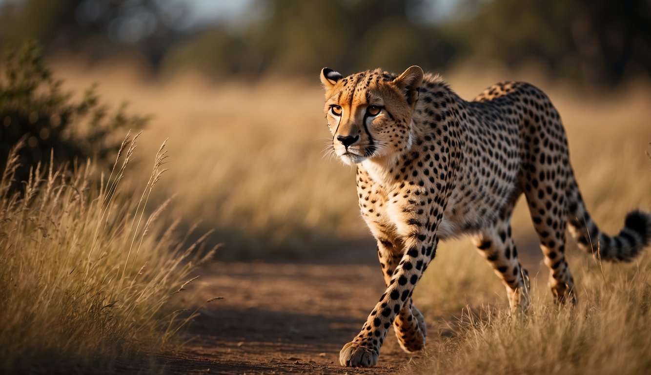 A cheetah sprints across the savannah, its sleek body and powerful legs propelling it forward with incredible speed.

The grasses and trees blur in the background as it hunts for its next meal