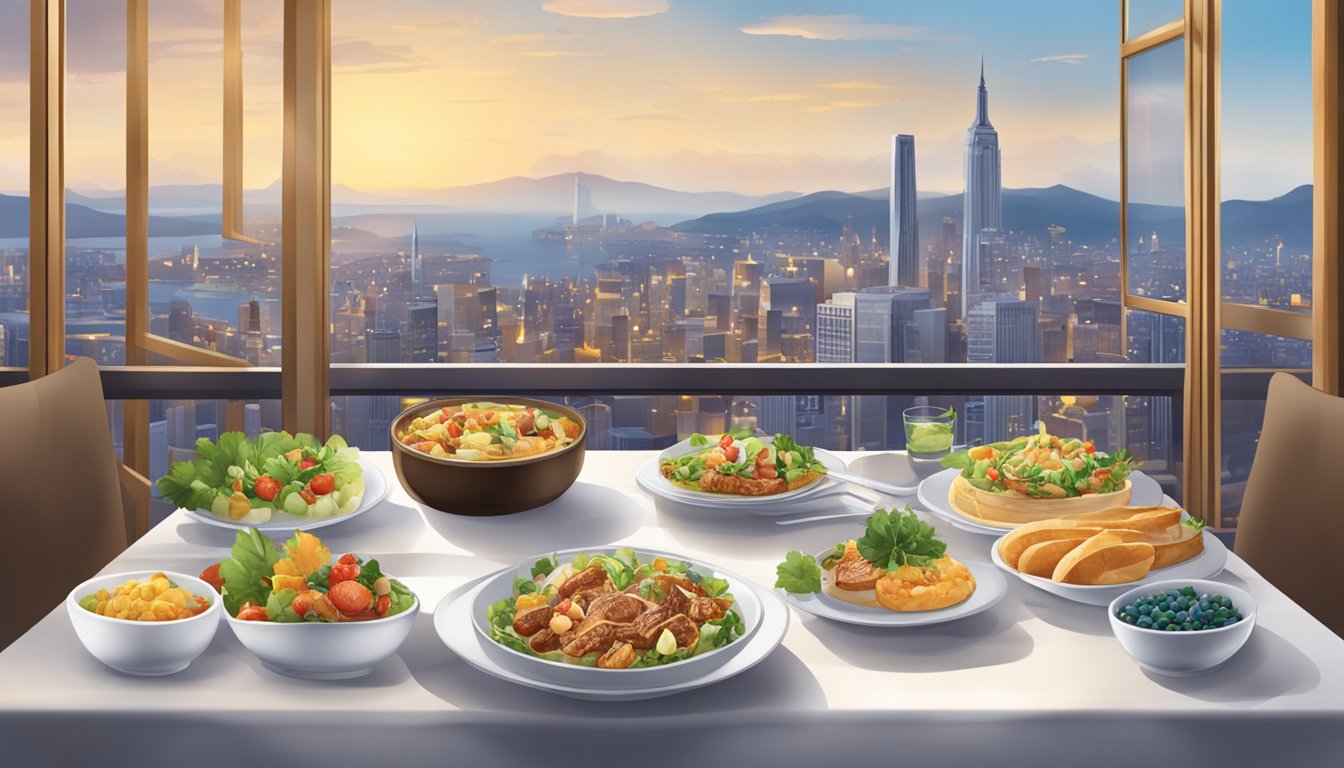 A table set with gourmet dishes overlooks a stunning cityscape