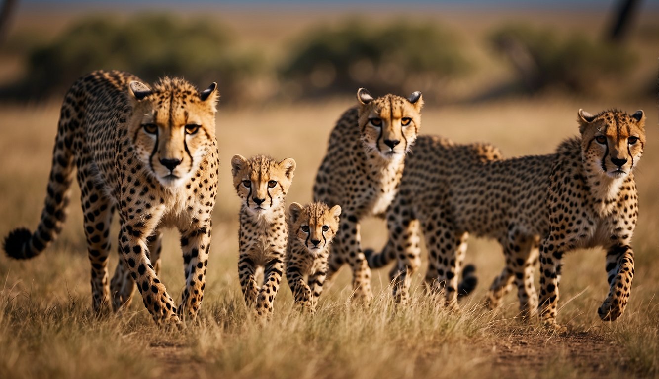 A cheetah family hunts together on the African savannah, showcasing their speed and coordination.

The mother leads the chase, while the cubs learn to stalk and pounce on their prey