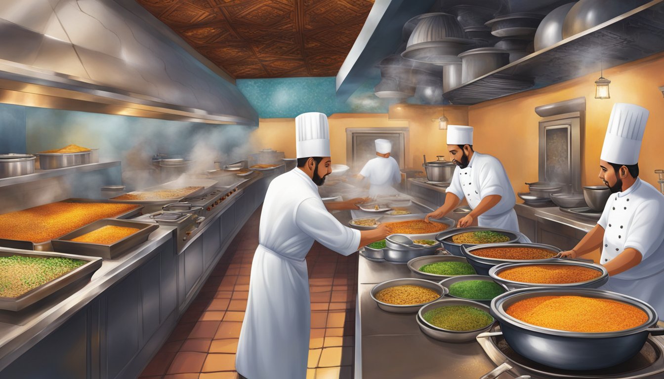 The bustling kitchen of Casablanca restaurant sizzles with fragrant spices and bubbling tagines, as chefs skillfully prepare traditional Moroccan dishes