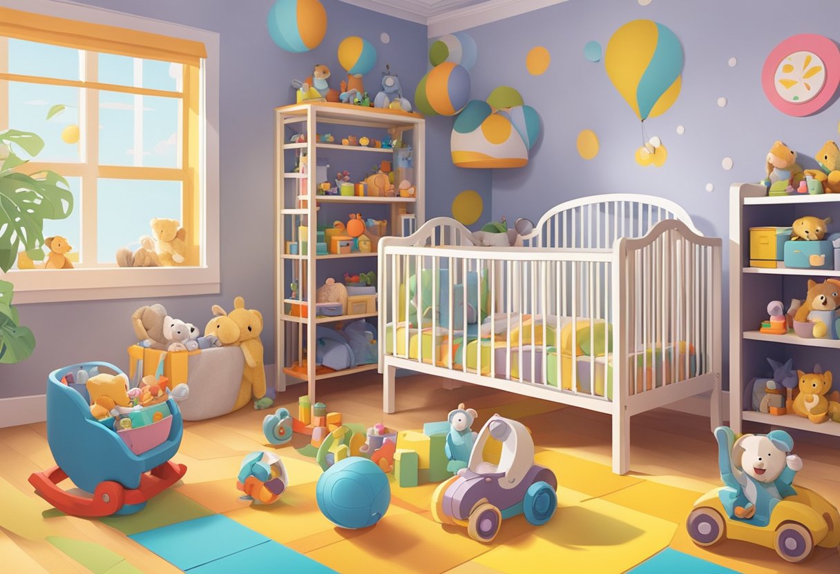 A baby named Gunner playing with toys in a colorful nursery