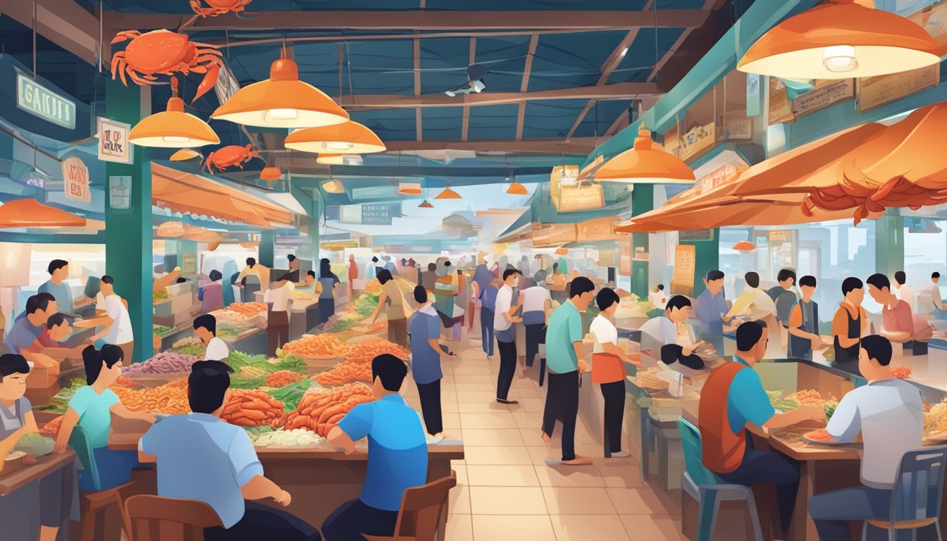A bustling seafood market with colorful signs and busy customers, showcasing the best crab restaurant in Singapore