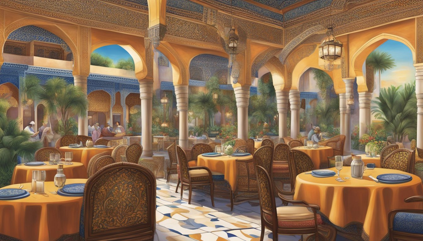 The bustling Casablanca restaurant, adorned with intricate Moroccan tiles and vibrant tapestries, exudes the rich cultural and historical significance of the region