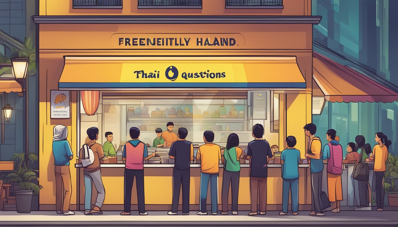Customers lining up outside a vibrant halal Thai restaurant in Singapore, with a sign displaying "Frequently Asked Questions" prominently