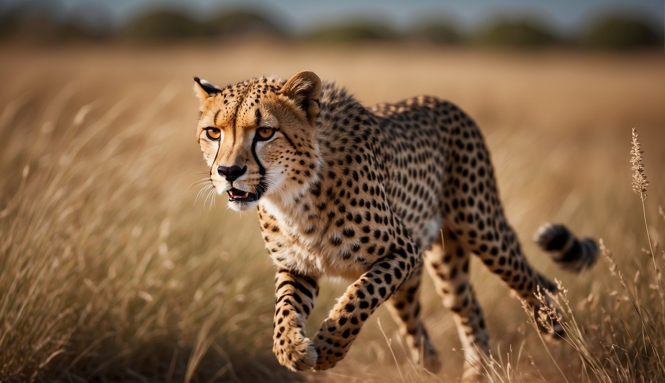 A cheetah sprints across the savannah, its sleek body stretching out in a blur of speed.

The grasses bend and sway in its wake as it effortlessly outpaces all other land animals